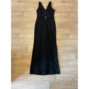 Black V-Neck Wide Leg Jumpsuit with Gold V-Buckle Belt Style GP1388-J Large